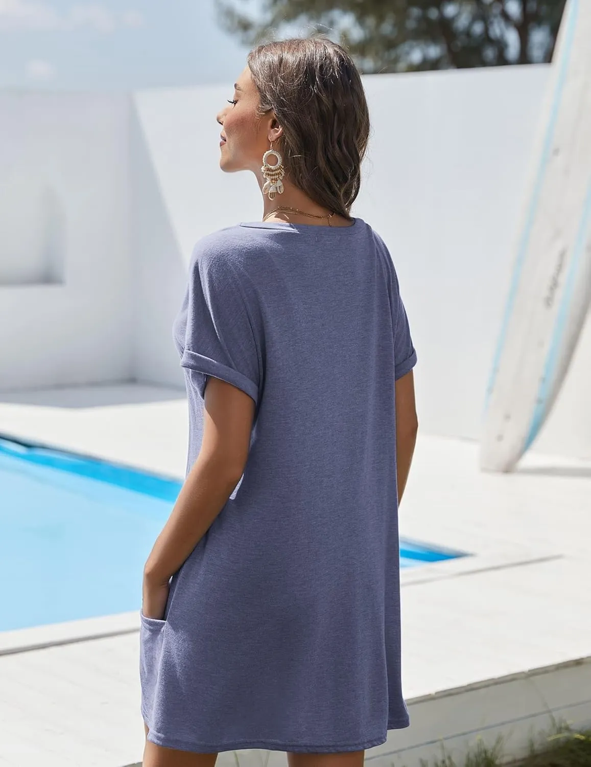 AI'MAGE Swimsuit Coverup for Women 2025 Bathing Suit Cover Up Short Sleeve Swimwear Bikini Beach T-Shirt with Pockets