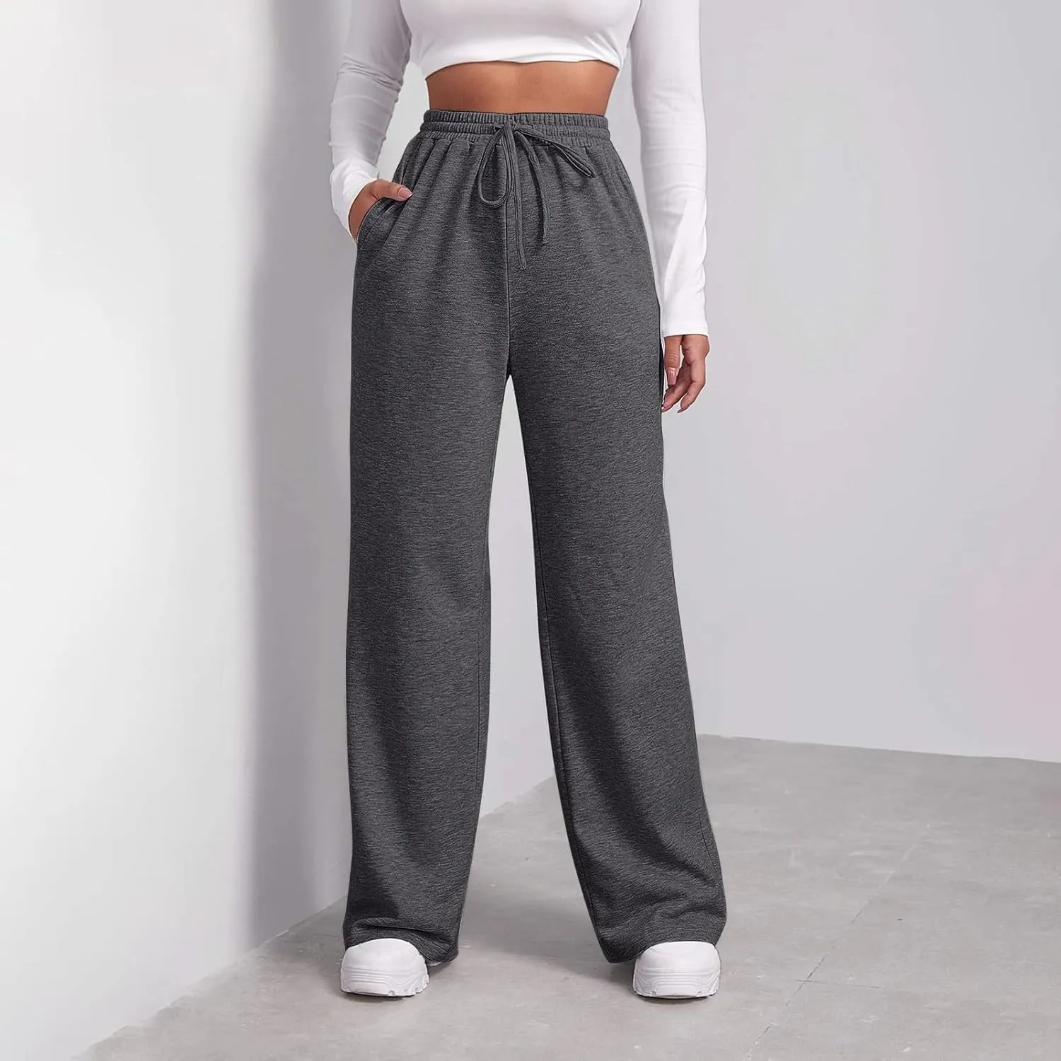 Baggy Wide Leg Sweatpants for Women Fleece High Waist Joggers with Pockets Lightweight Comfy Drawstring Sweat Pants