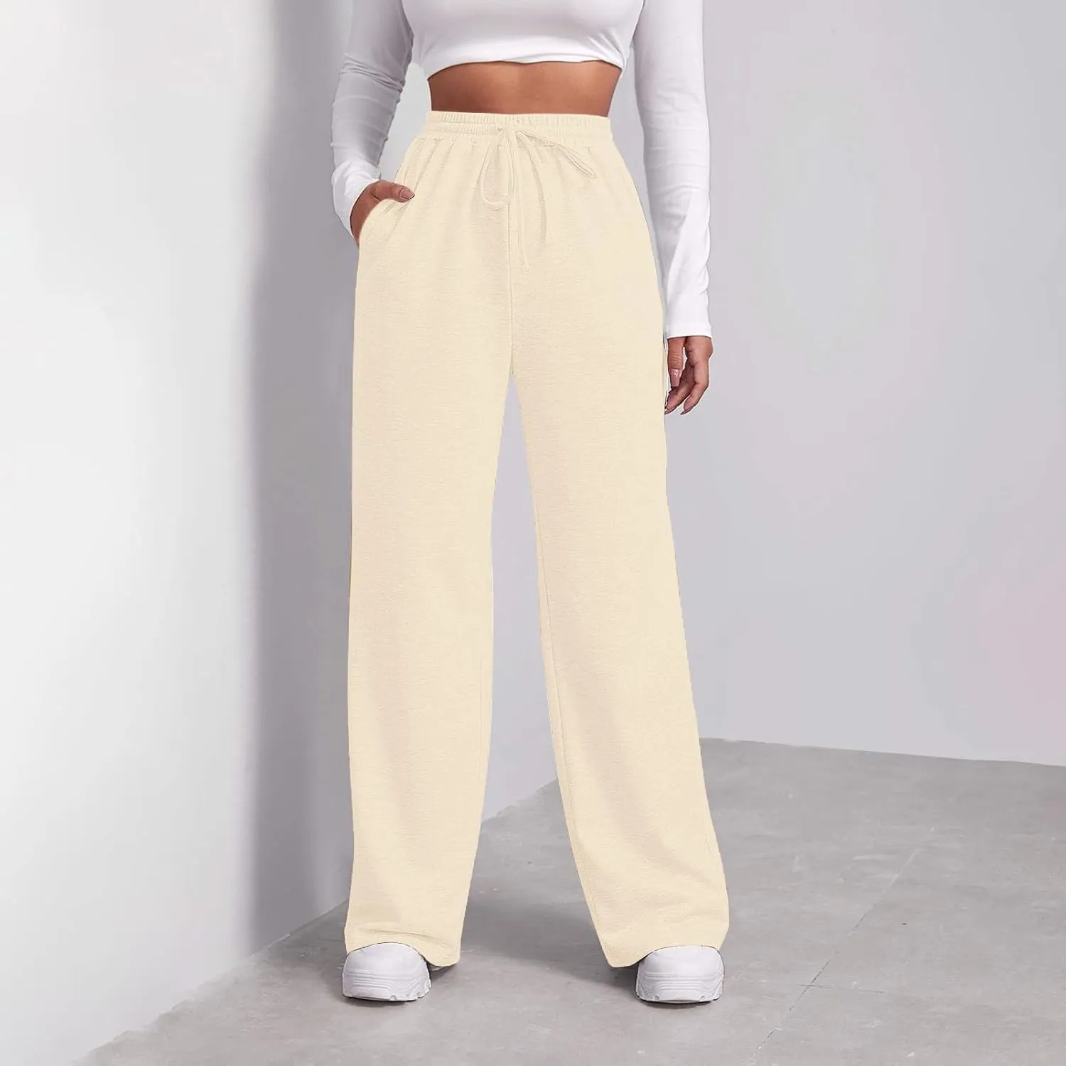 Baggy Wide Leg Sweatpants for Women Fleece High Waist Joggers with Pockets Lightweight Comfy Drawstring Sweat Pants