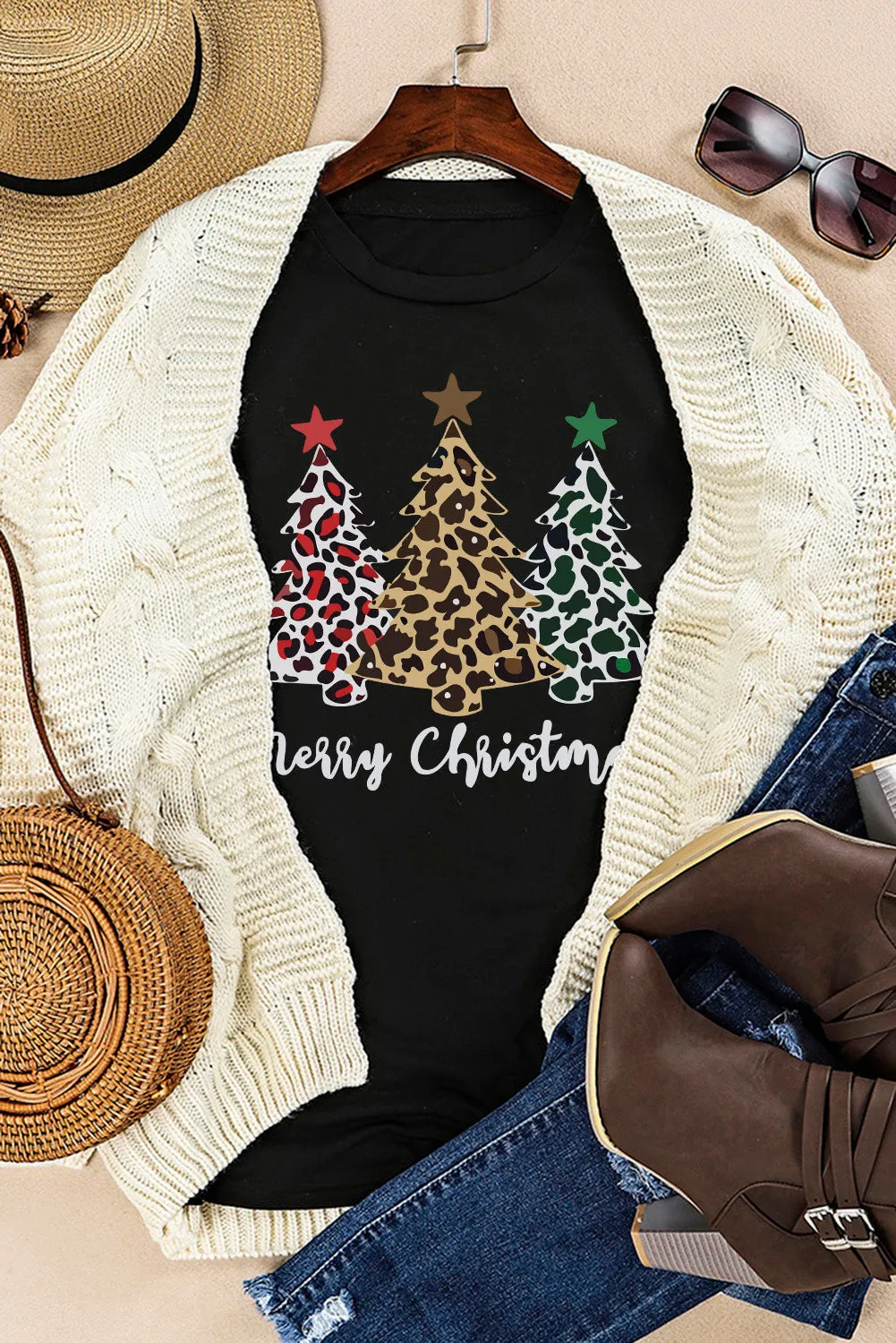 Black Leopard Tree Christmas Graphic Print T Shirt