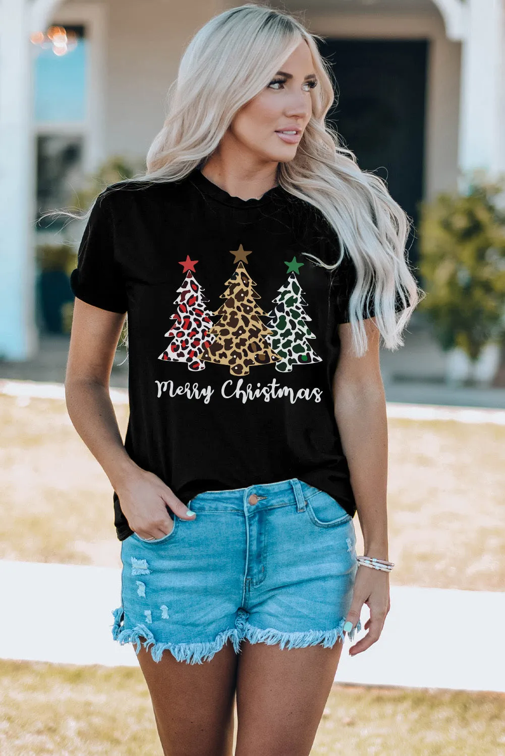Black Leopard Tree Christmas Graphic Print T Shirt
