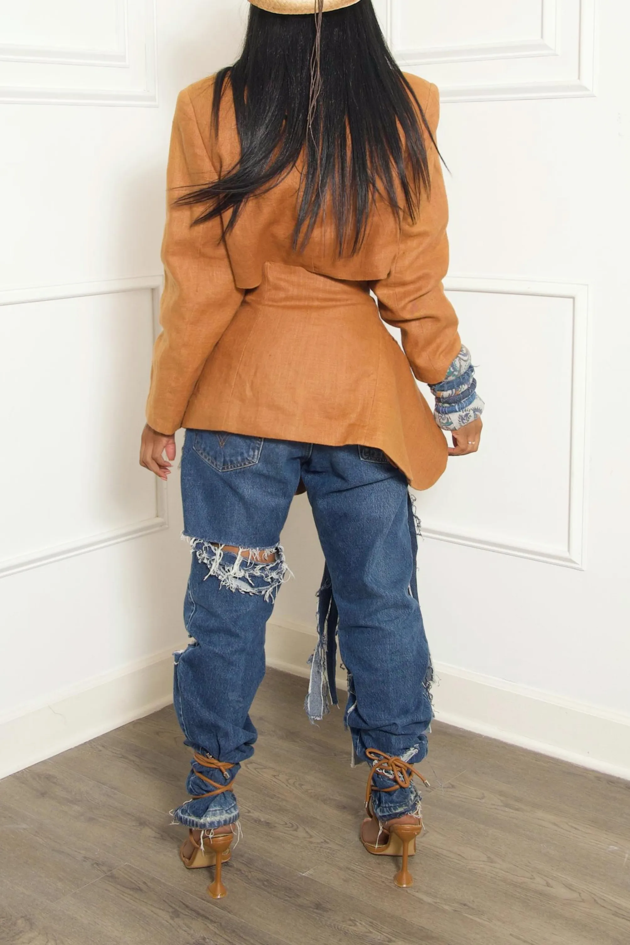 Burnt orange Vintage Two piece suit Denim fringe