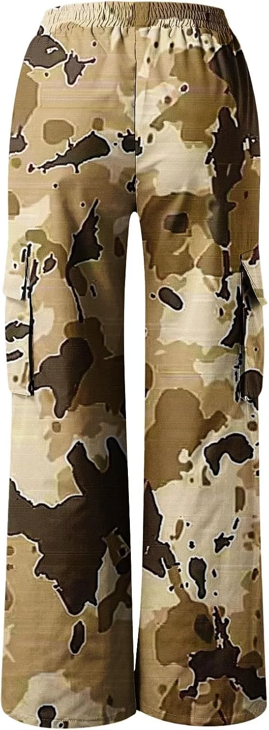 Camo Cargo Pants for Women Casual Drawstring High Waist Parachute Pants Baggy Wide Leg Hiking Pants with Pockets
