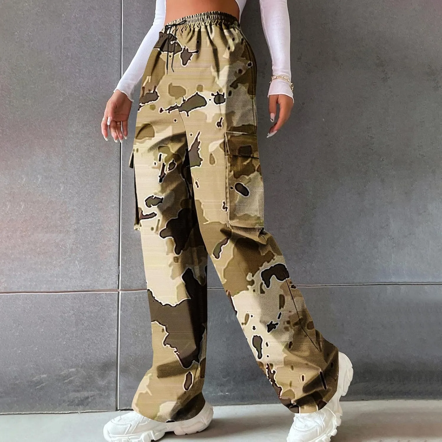 Camo Cargo Pants for Women Casual Drawstring High Waist Parachute Pants Baggy Wide Leg Hiking Pants with Pockets
