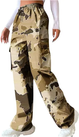 Camo Cargo Pants for Women Casual Drawstring High Waist Parachute Pants Baggy Wide Leg Hiking Pants with Pockets
