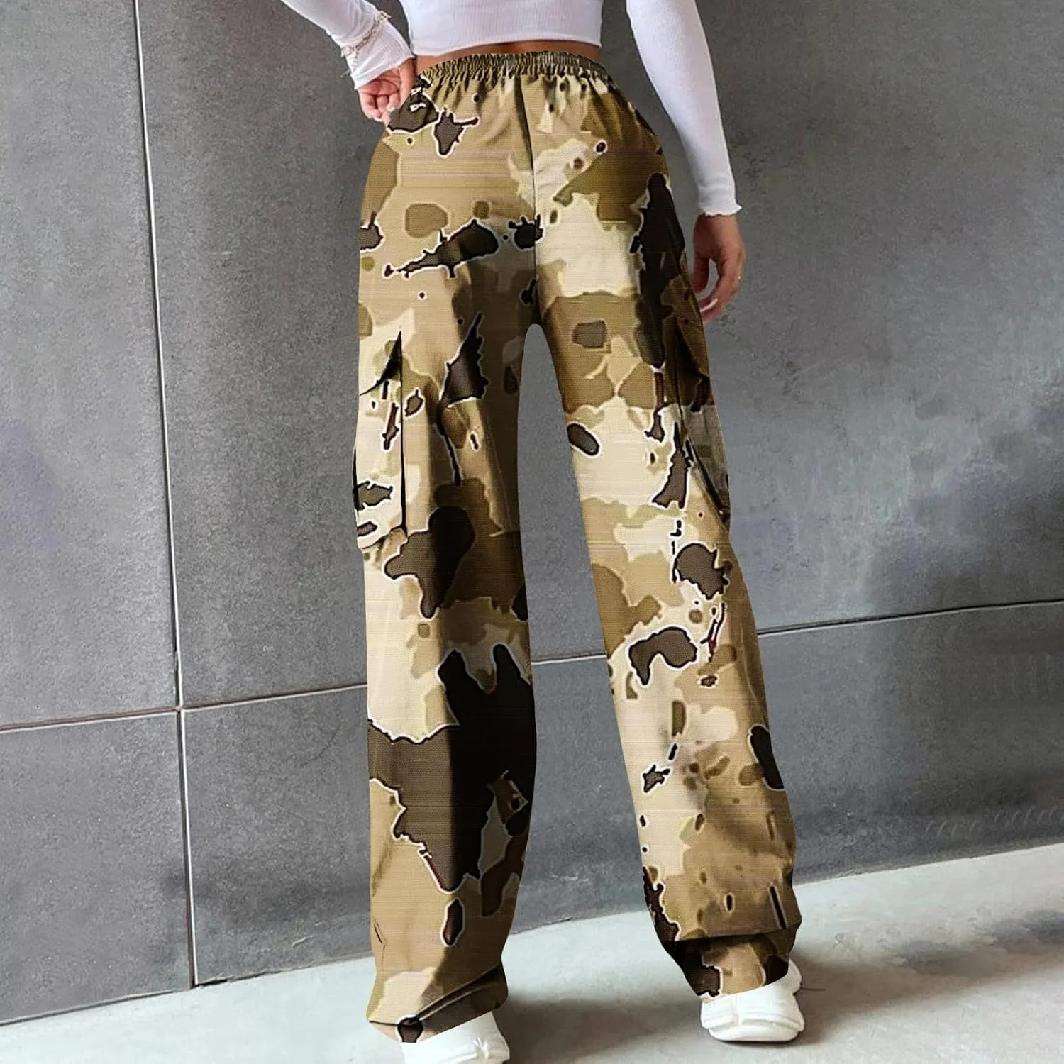 Camo Cargo Pants for Women Casual Drawstring High Waist Parachute Pants Baggy Wide Leg Hiking Pants with Pockets