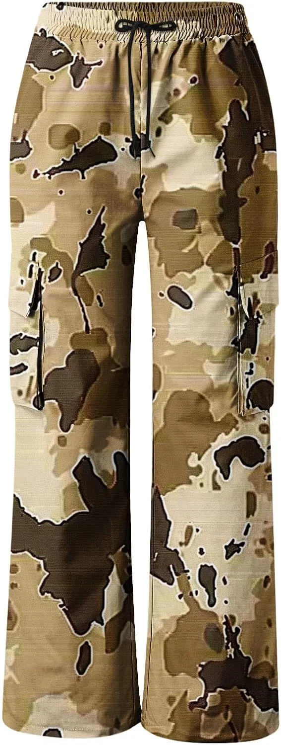 Camo Cargo Pants for Women Casual Drawstring High Waist Parachute Pants Baggy Wide Leg Hiking Pants with Pockets