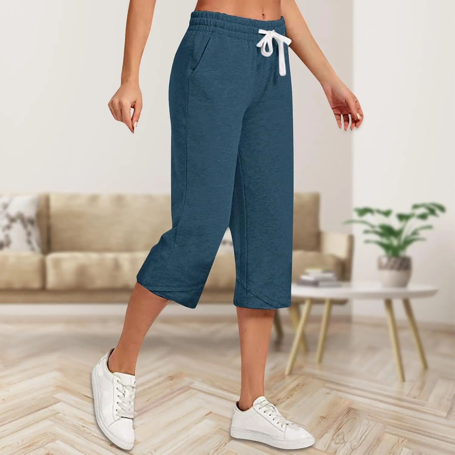 Capri Pants for Women Drawstring High Waisted Hiking Outdoor Camping Pants Active Joggers Sweatpants with Pockets