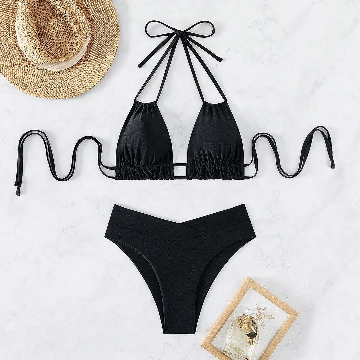 Chic Backless Monochrome Bikini Swimsuit