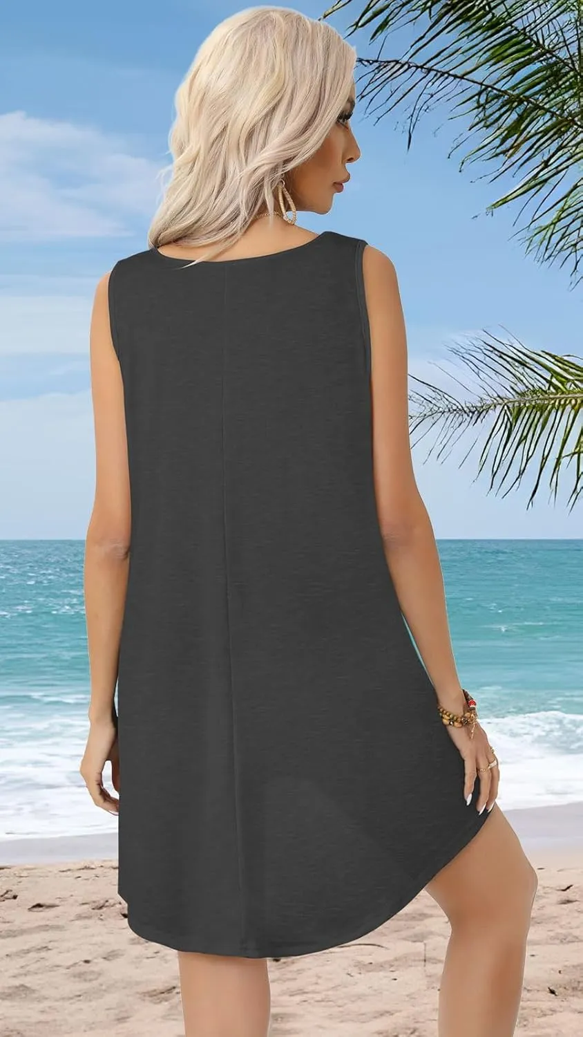 CHICGAL Womens Swimsuit Coverup Summer Beach Sleeveless T Shirt Bikini Tank Dress Loose Bathing Suit Cover Up