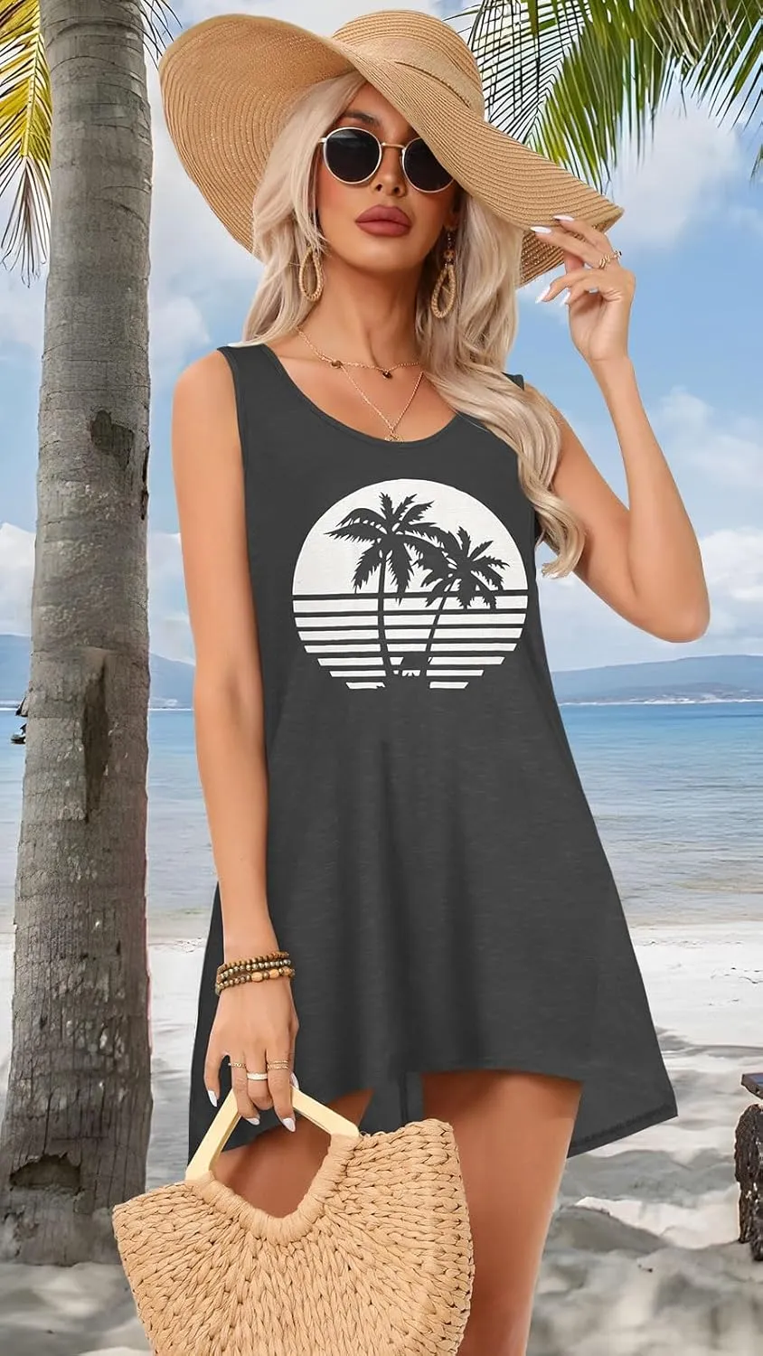 CHICGAL Womens Swimsuit Coverup Summer Beach Sleeveless T Shirt Bikini Tank Dress Loose Bathing Suit Cover Up