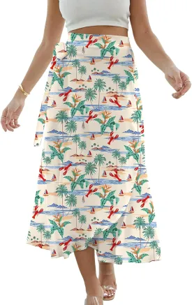 Cromoncent Womens Boho Floral Wrap Maxi Skirt Summer Tie Up Waist Split Beach Skirts