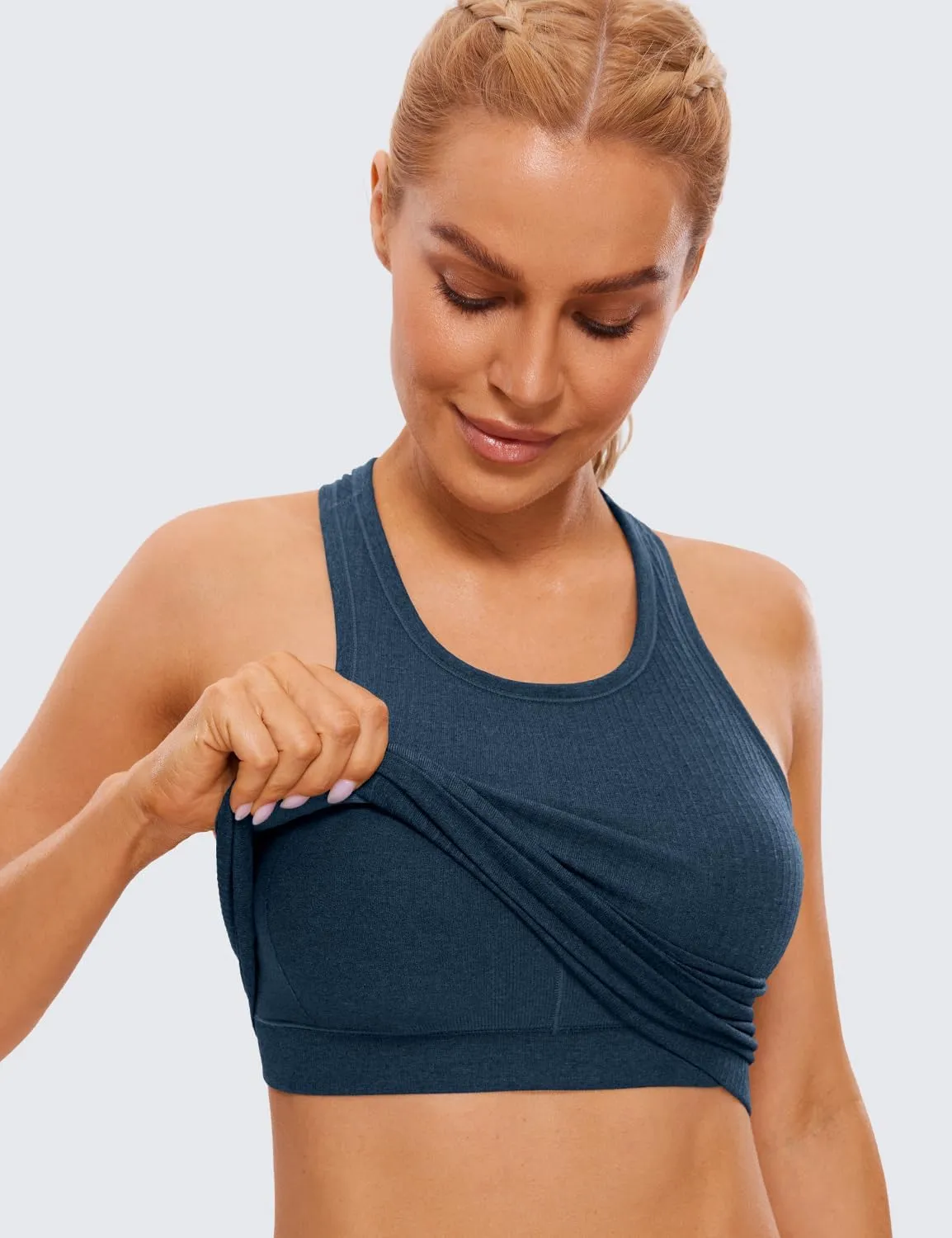 CRZ YOGA Womens Seamless Ribbed Longline High Neck Sports Bra - Racerback Padded Slim Fit Crop Tank Top with Built in Pads