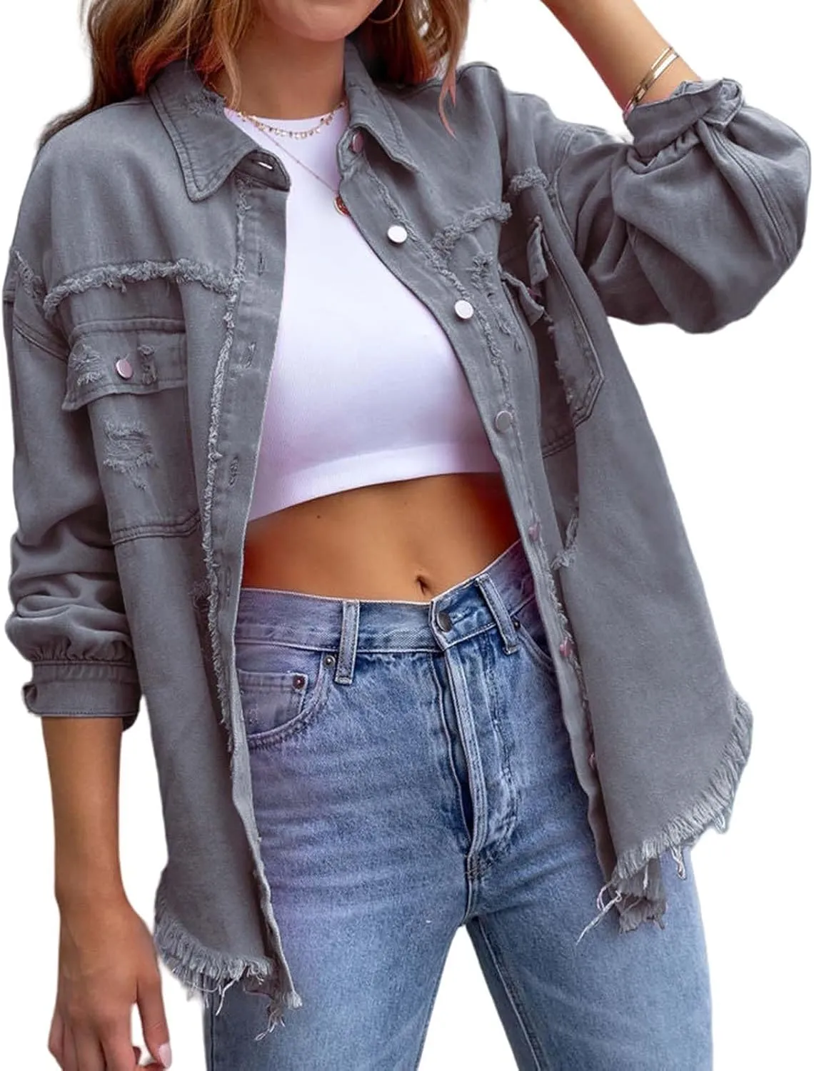 Denim Jacket for Women Oversized Frayed Hem Jean Jacket Ripped Distressed Shacket Casual Button Down Boyfriend Shirt