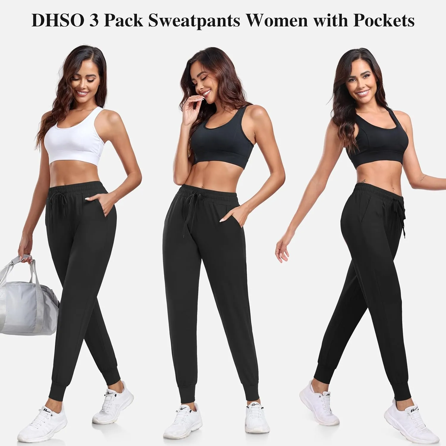 DHSO 3 Pack Sweatpants for Women-Womens Joggers with Pockets Athletic Leggings for Workout Yoga Running Pants Trousers