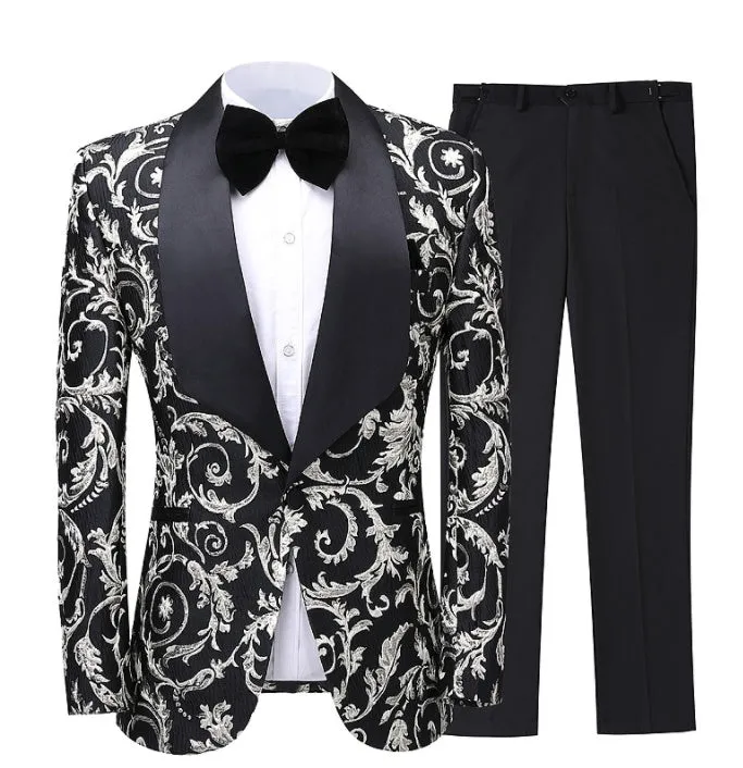 Fashion Floral Tuxedo Jacket Business Dinner Groom Wedding Formal Suit Blazer Trousers Two-piece suit men's, lioness-love