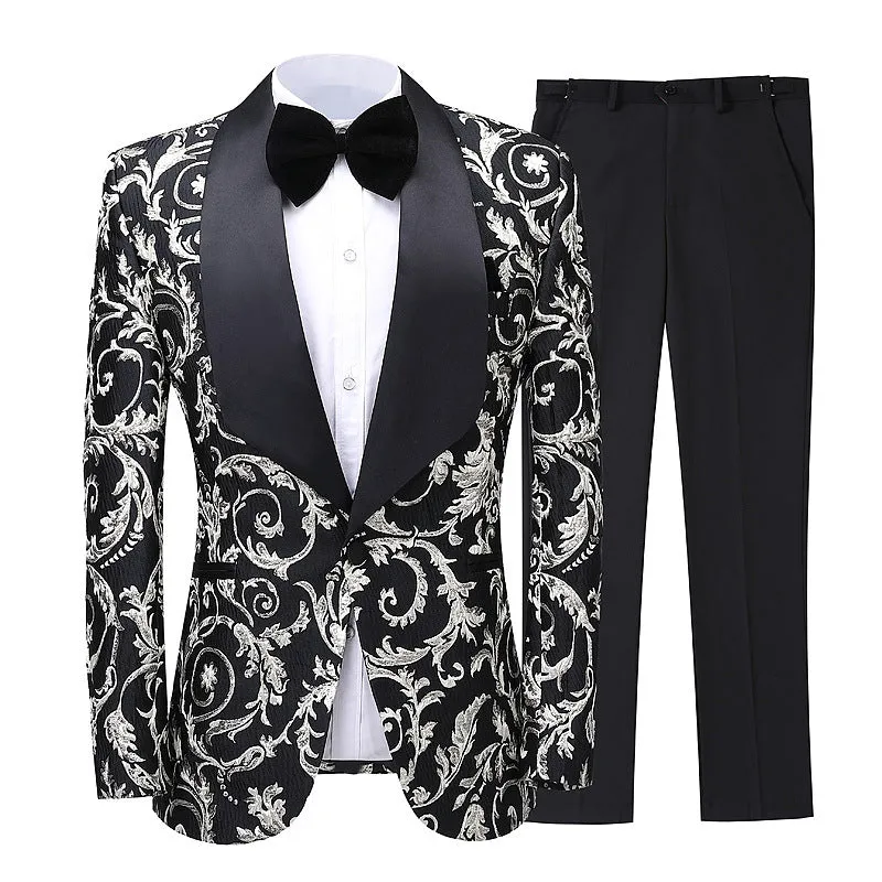 Fashion Floral Tuxedo Jacket Business Dinner Groom Wedding Formal Suit Blazer Trousers Two-piece suit men's, lioness-love