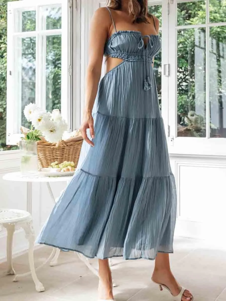 FEORJGP Womens Summer Boho Low Cut Backless Bodycon Midi Dress