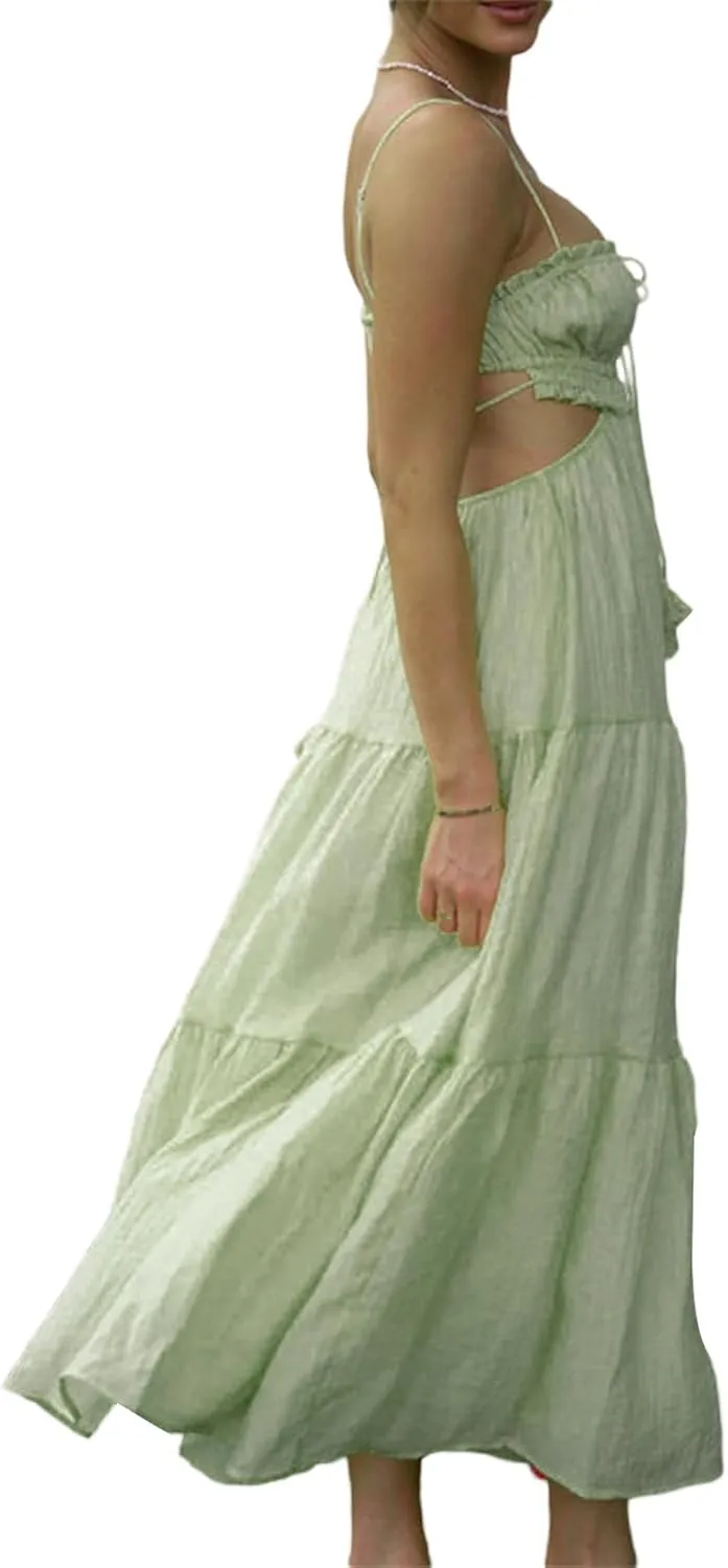 FEORJGP Womens Summer Boho Low Cut Backless Bodycon Midi Dress