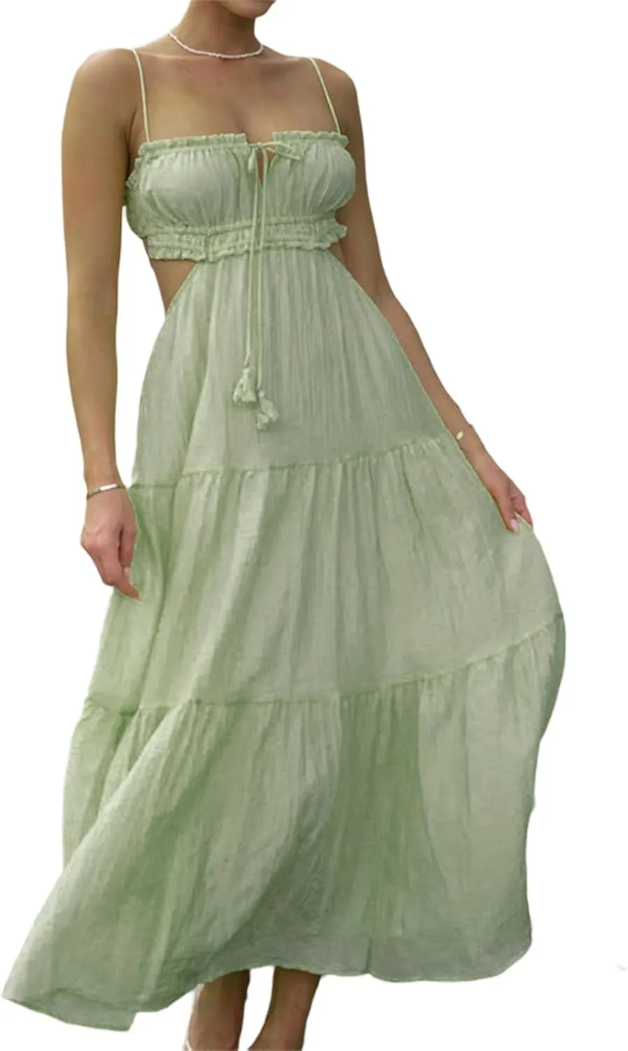 FEORJGP Womens Summer Boho Low Cut Backless Bodycon Midi Dress