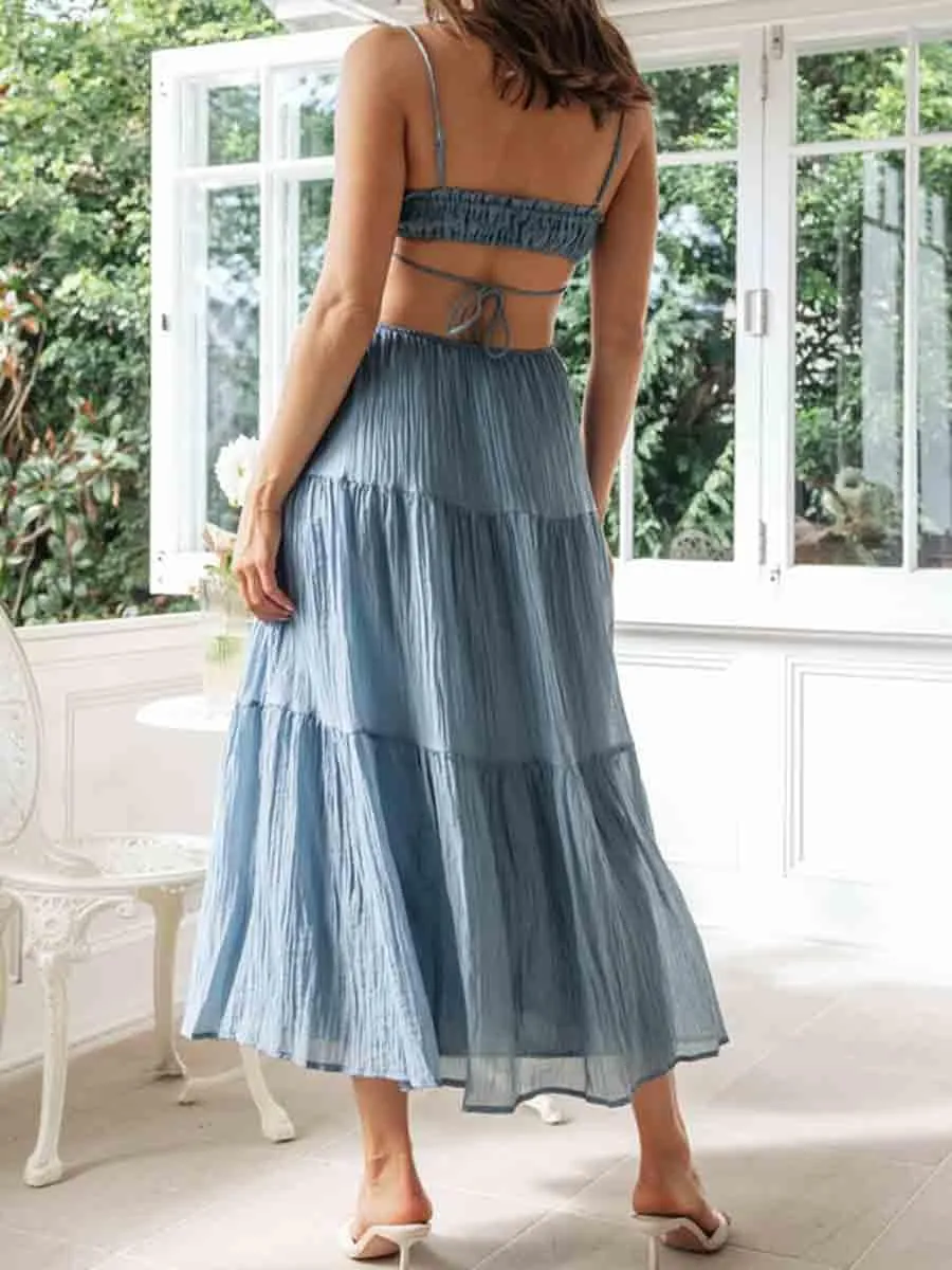 FEORJGP Womens Summer Boho Low Cut Backless Bodycon Midi Dress