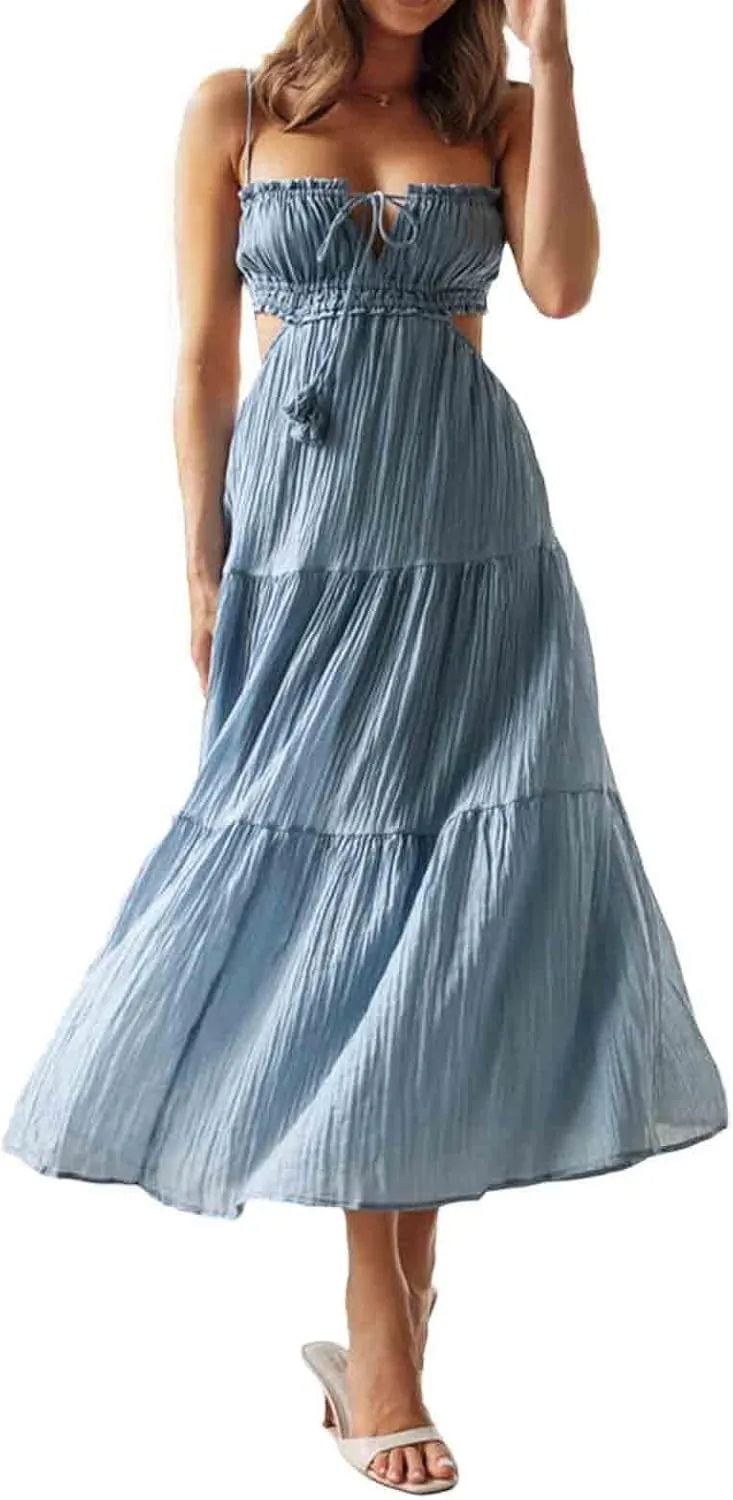 FEORJGP Womens Summer Boho Low Cut Backless Bodycon Midi Dress