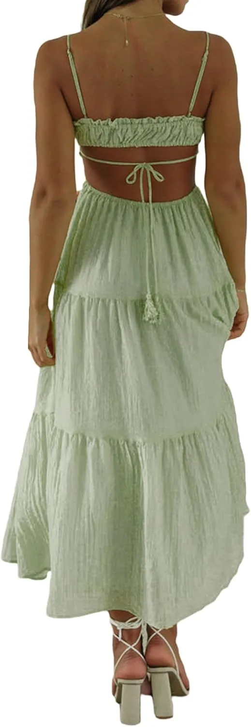FEORJGP Womens Summer Boho Low Cut Backless Bodycon Midi Dress
