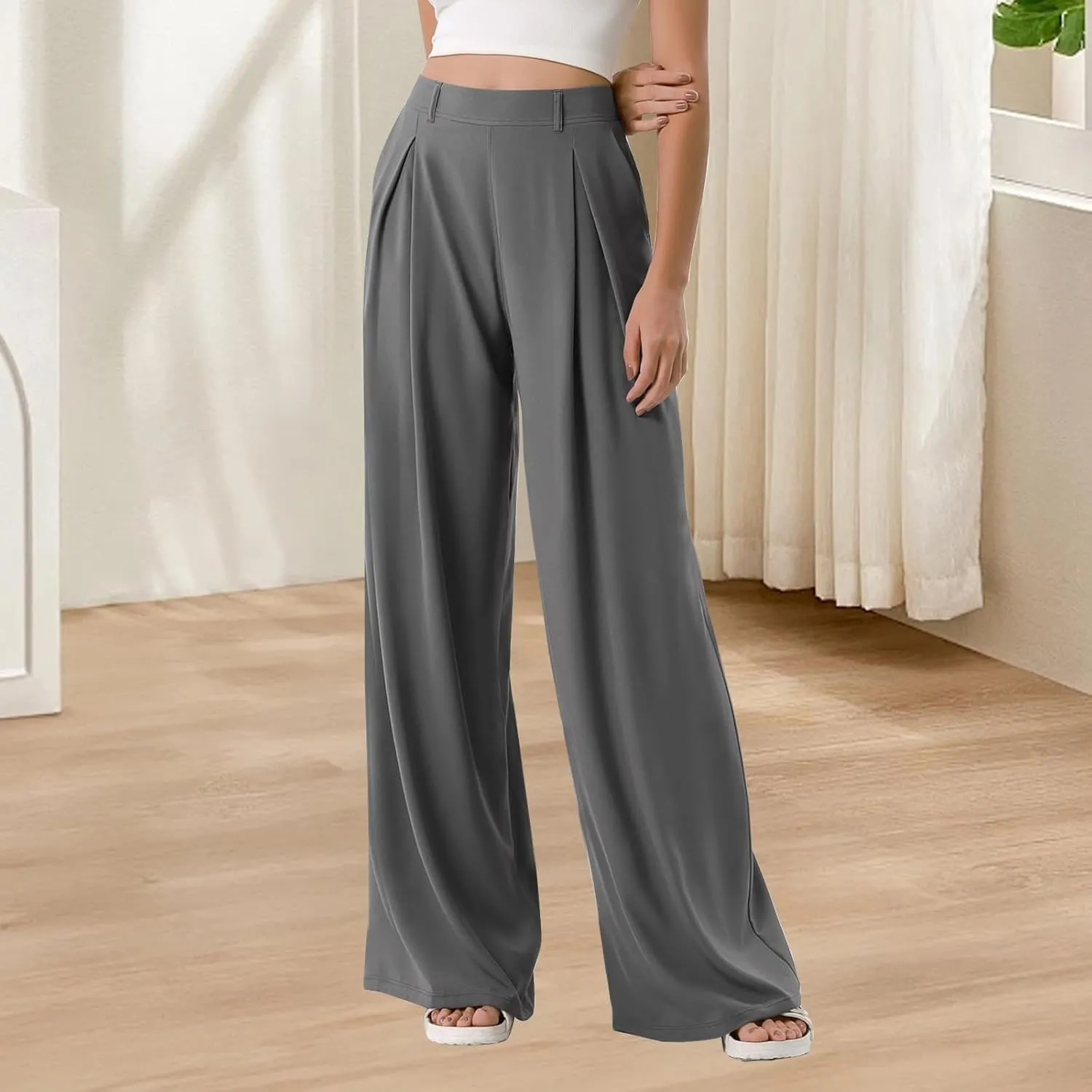 FQZWONG Work Pants Women 2025 Spring Summer High Waisted Trousers Baggy Lounge Drape Straight Wide Leg Pant with Pockets