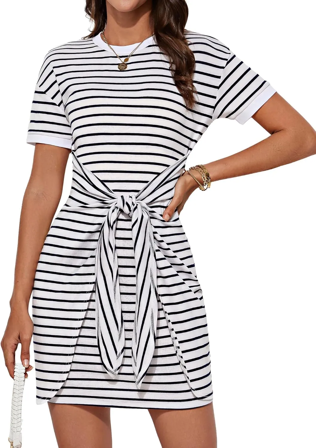GRACE KARIN Striped Shirt Dresses for Women Front Tie Crewneck Wrap Dress Short Sleeve T-Shirt Casual Mini Bodycon Dress