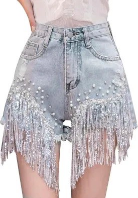 Jean Shorts Womens High Waisted Ripped Soft Rhinestone Pearl Beaded Fringe Comfy Tassel Denim Short Raw Hem Frayed Shorts