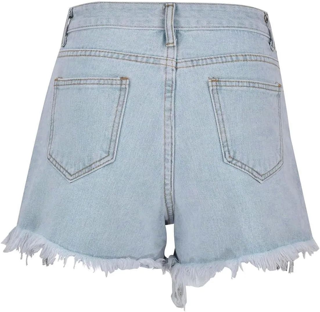 Jean Shorts Womens High Waisted Ripped Soft Rhinestone Pearl Beaded Fringe Comfy Tassel Denim Short Raw Hem Frayed Shorts