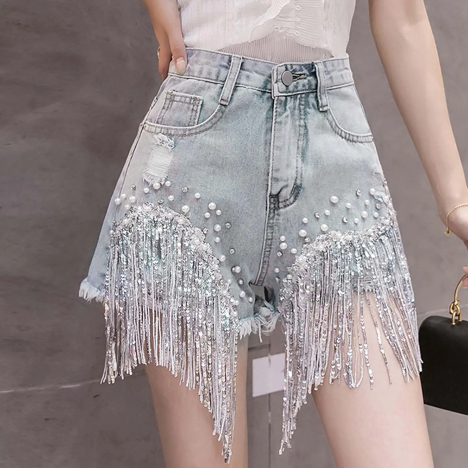 Jean Shorts Womens High Waisted Ripped Soft Rhinestone Pearl Beaded Fringe Comfy Tassel Denim Short Raw Hem Frayed Shorts