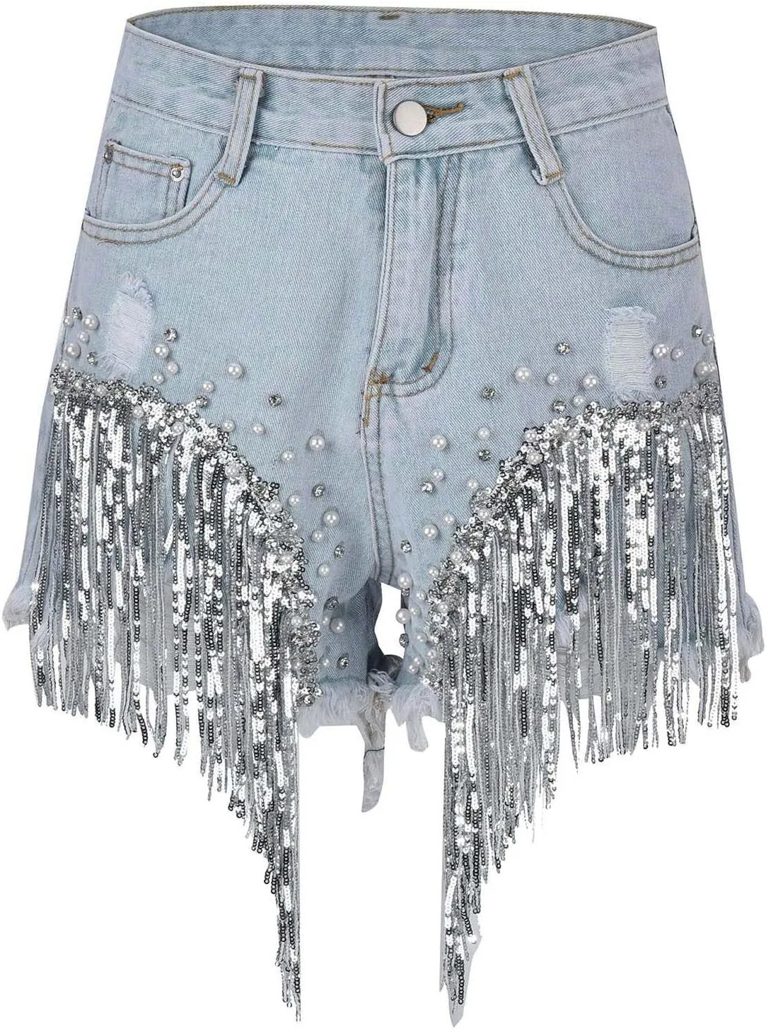 Jean Shorts Womens High Waisted Ripped Soft Rhinestone Pearl Beaded Fringe Comfy Tassel Denim Short Raw Hem Frayed Shorts