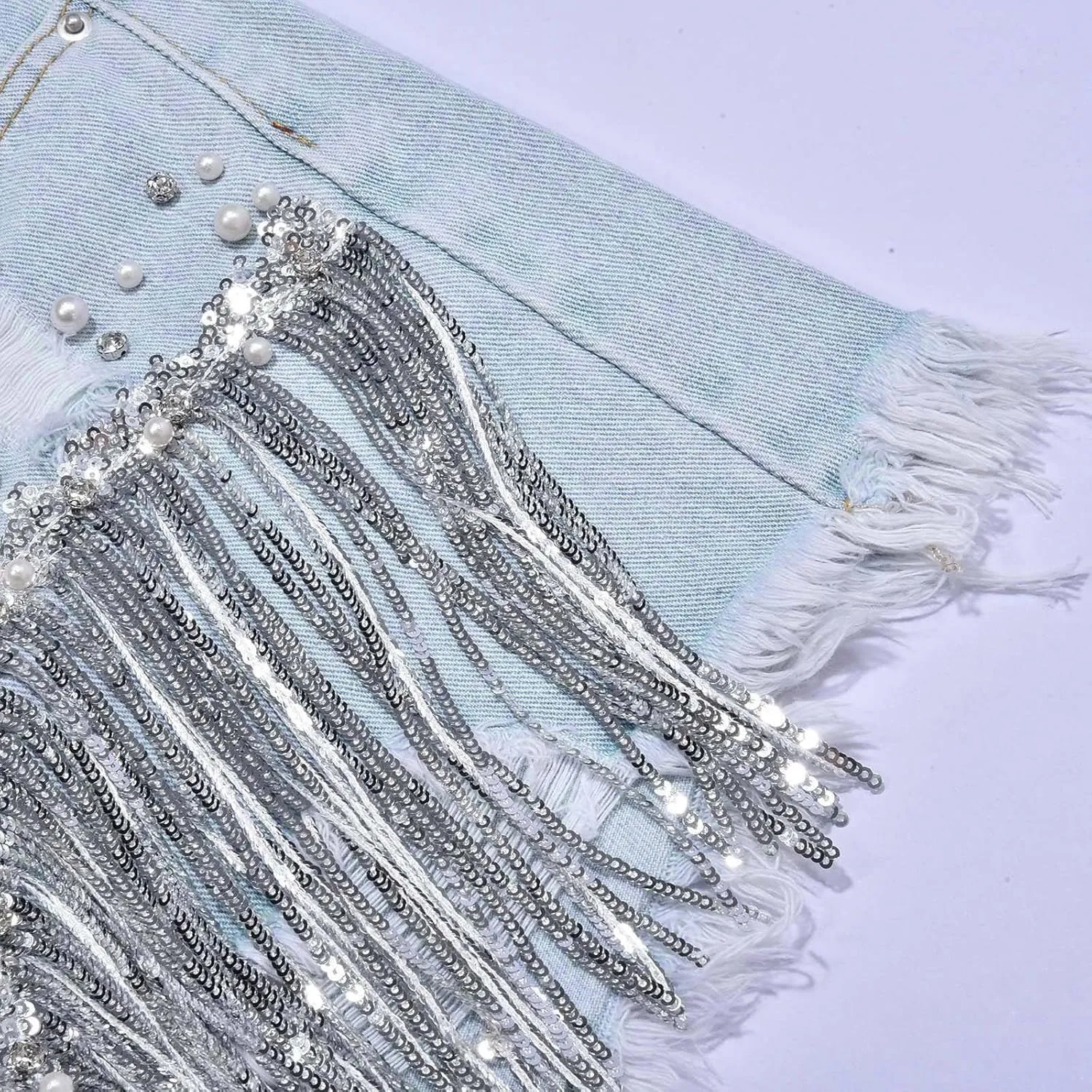 Jean Shorts Womens High Waisted Ripped Soft Rhinestone Pearl Beaded Fringe Comfy Tassel Denim Short Raw Hem Frayed Shorts