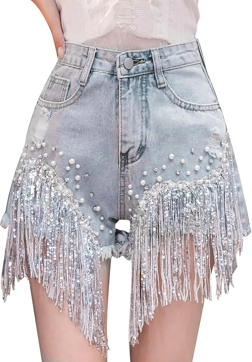 Jean Shorts Womens High Waisted Ripped Soft Rhinestone Pearl Beaded Fringe Comfy Tassel Denim Short Raw Hem Frayed Shorts