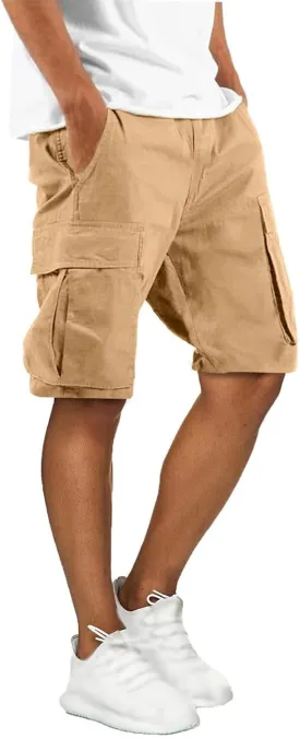 Men's Cargo Shorts Elastic Waist Tactical Shorts Solid Stretchy Jogging Pants Lightweight Straight Pants with Pockets