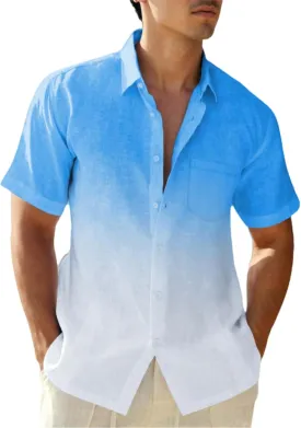 Mens Linen Shirts Gradient Short Sleeve Casual Shirts Button Down Shirt Beach Summer Wedding Vacation Shirt for Men