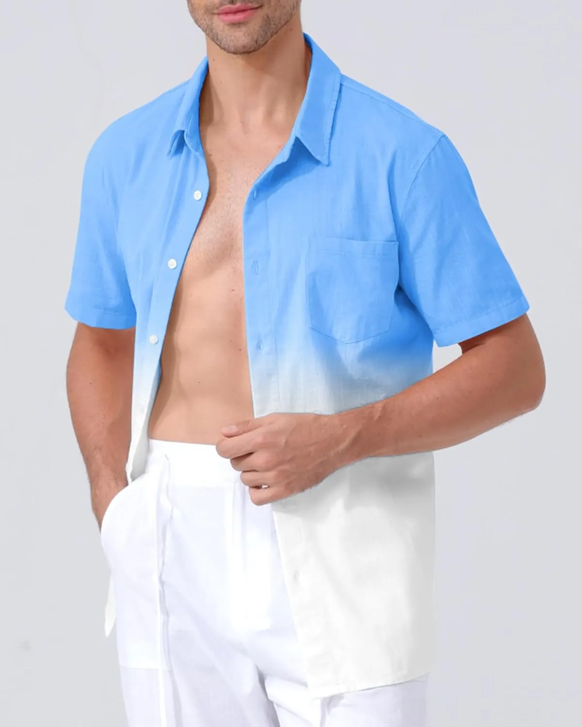 Mens Linen Shirts Gradient Short Sleeve Casual Shirts Button Down Shirt Beach Summer Wedding Vacation Shirt for Men