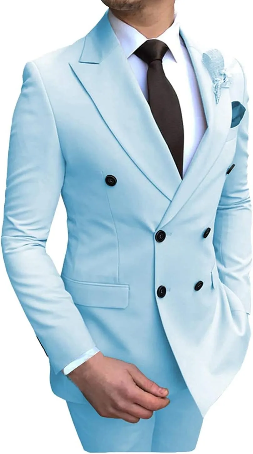 Men's Suits 2 Pieces Double Breasted Regular Fit Notch Lapel Solid Prom Tuxedos Wedding (Blazer Pants)