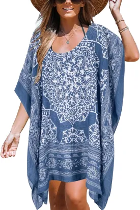 Moss Rose Women's Beach Kaftan Dresses Kimono Swimsuit Cover up for Bathing Suit with Floral Pattern