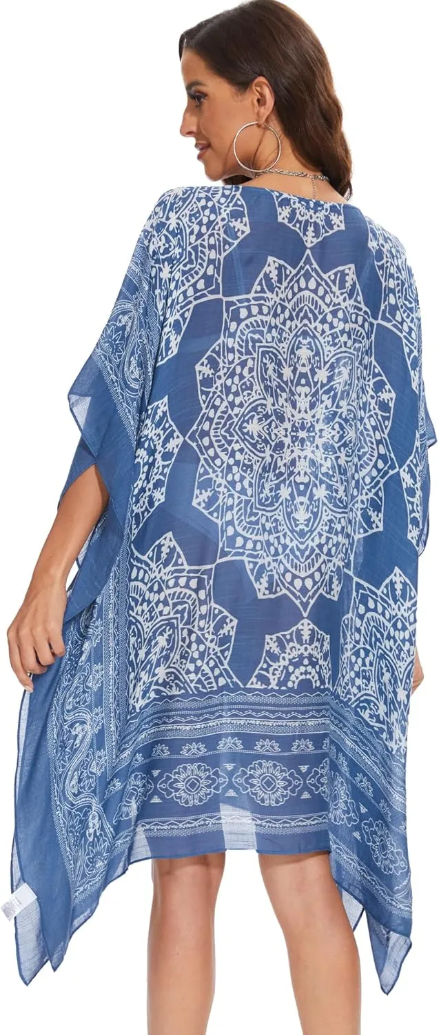 Moss Rose Women's Beach Kaftan Dresses Kimono Swimsuit Cover up for Bathing Suit with Floral Pattern