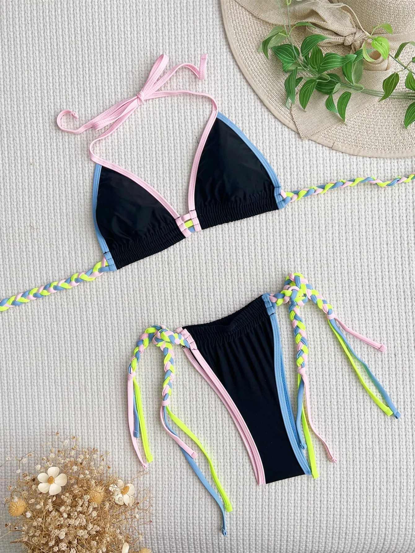 New Bikini Straps Backless Color Block Swimsuit