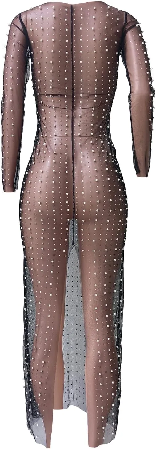 NUFIWI Women Sexy See Through Pearl Rhinestone Cover Up Summer Beach Sheer Mesh Long Dress Bikini Cover Ups