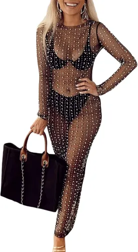 NUFIWI Women Sexy See Through Pearl Rhinestone Cover Up Summer Beach Sheer Mesh Long Dress Bikini Cover Ups