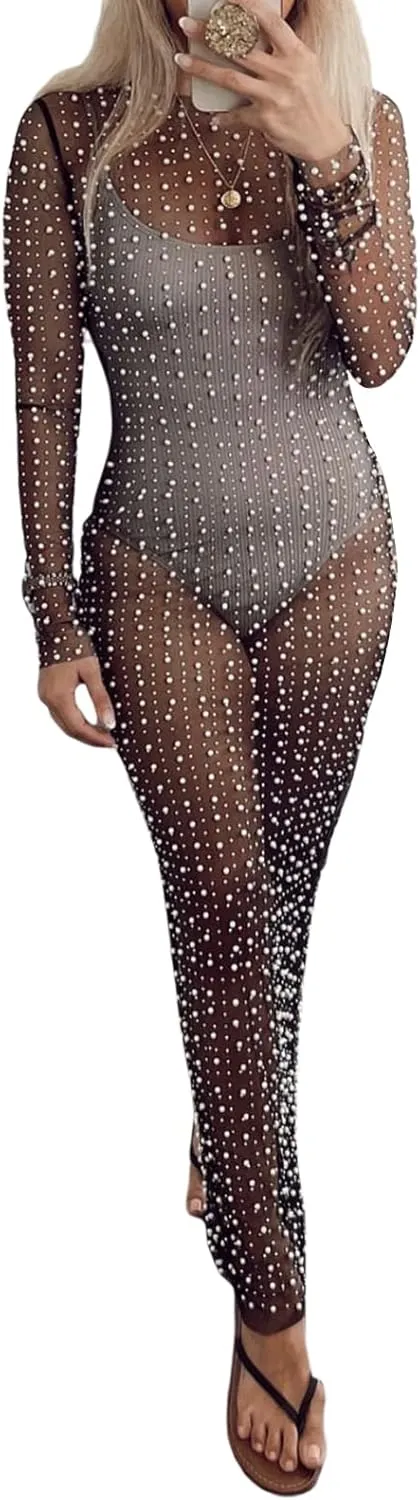 NUFIWI Women Sexy See Through Pearl Rhinestone Cover Up Summer Beach Sheer Mesh Long Dress Bikini Cover Ups