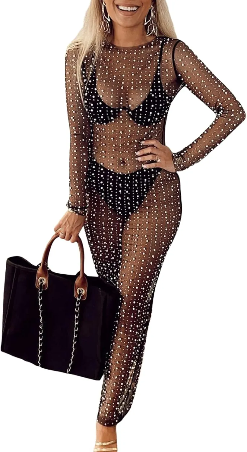 NUFIWI Women Sexy See Through Pearl Rhinestone Cover Up Summer Beach Sheer Mesh Long Dress Bikini Cover Ups