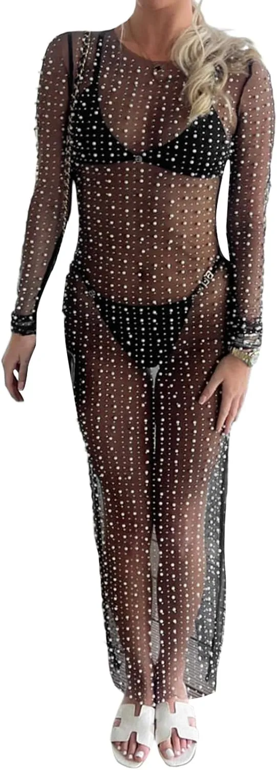 NUFIWI Women Sexy See Through Pearl Rhinestone Cover Up Summer Beach Sheer Mesh Long Dress Bikini Cover Ups