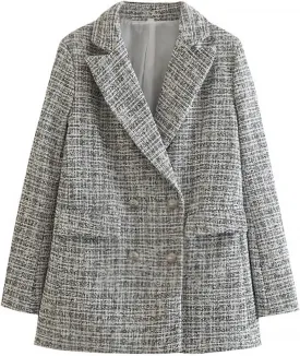 Plaid Double Breasted Blazer Jacket for Women 2024 Fashion Elegant Open Front Casual Work Office Pocket Suit Coat