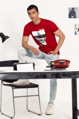 Red Graphic T-Shirt With Topstitches