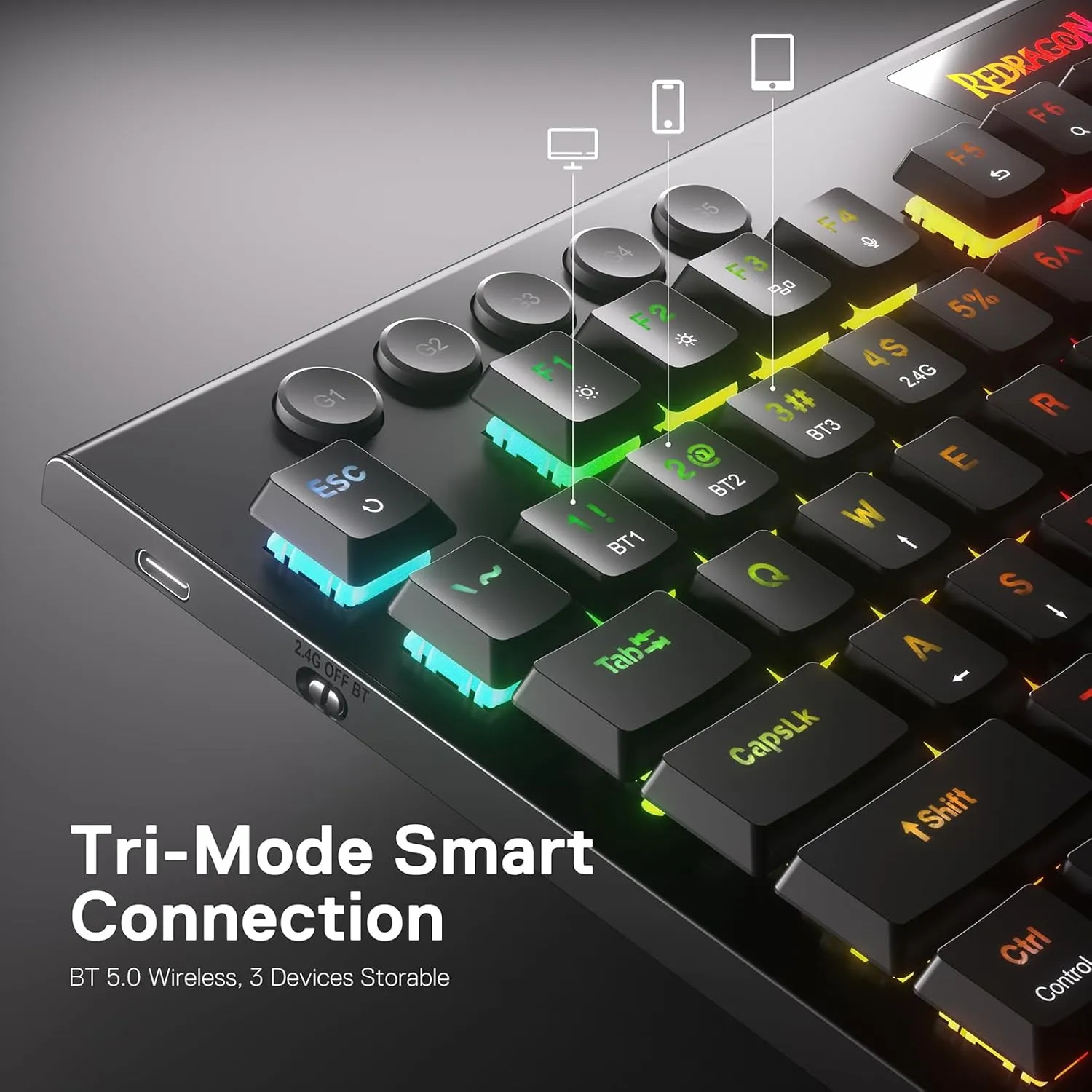 Redragon K618 PRO 3-Mode Wireless RGB Mechanical Keyboard, BT/2.4Ghz/Wired Low Profile Win/Mac Gaming Keyboard w/Ultra-Thin Design, Dedicated Media Control & Tactile Blue Switch